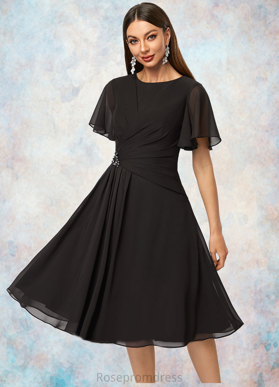 Kennedi A-line Scoop Knee-Length Chiffon Cocktail Dress With Beading Pleated SRSP0022336