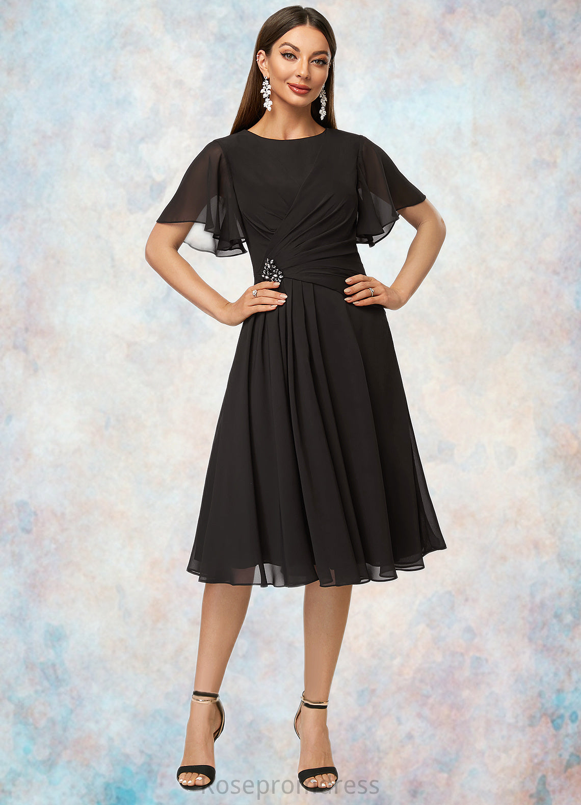 Kennedi A-line Scoop Knee-Length Chiffon Cocktail Dress With Beading Pleated SRSP0022336