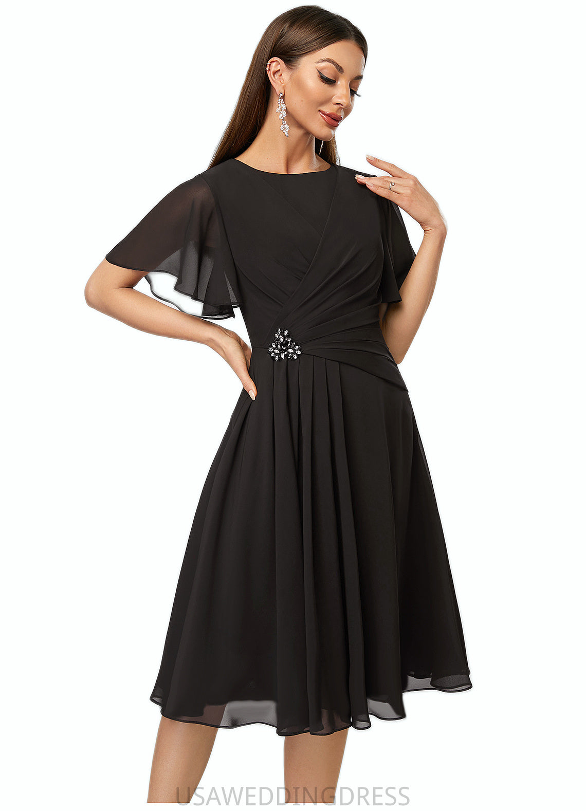 Ana A-line Scoop Knee-Length Chiffon Cocktail Dress With Beading Pleated DSP0022336