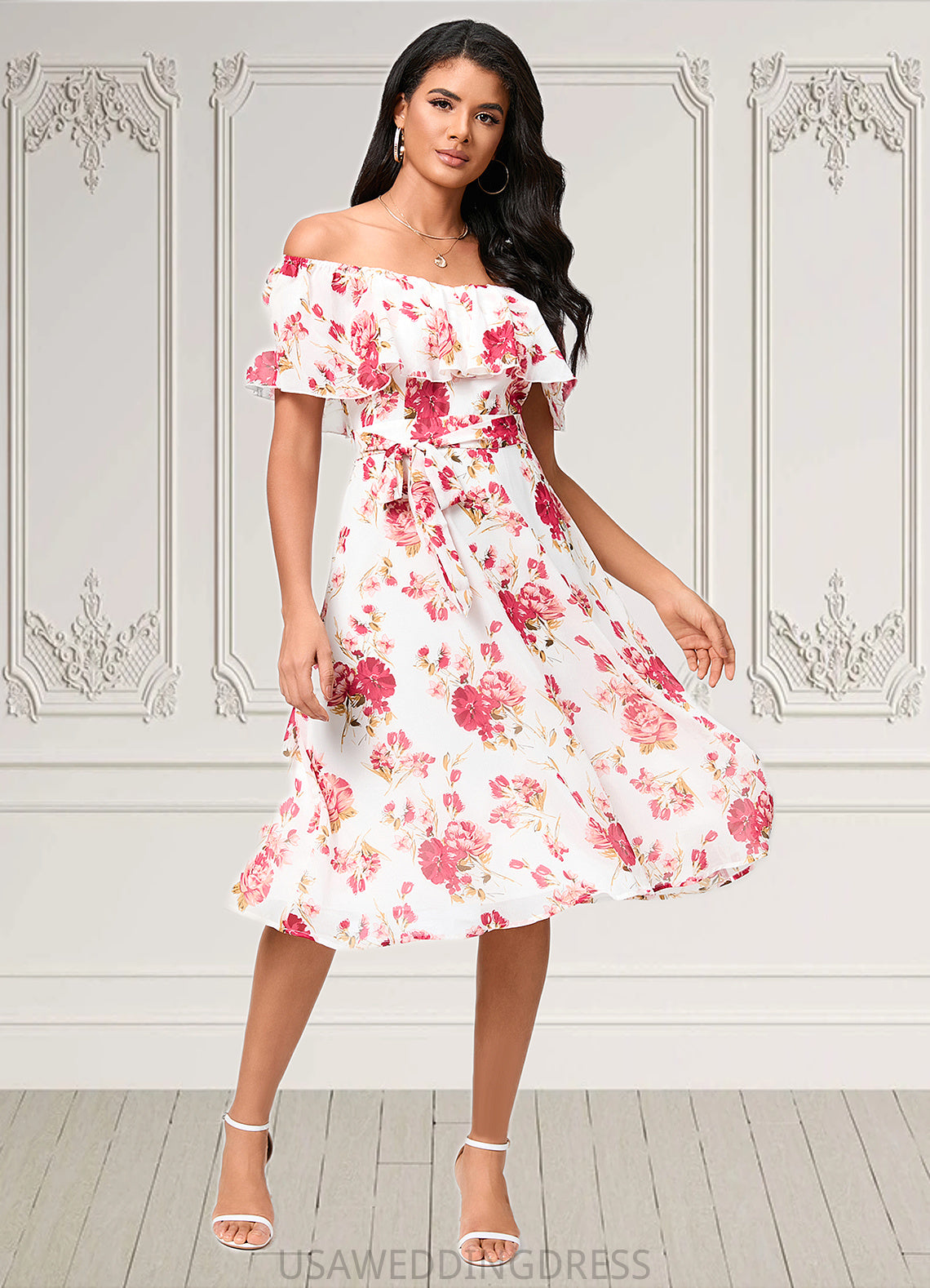 Lucia A-line Off the Shoulder Knee-Length Chiffon Cocktail Dress With Bow DSP0022337