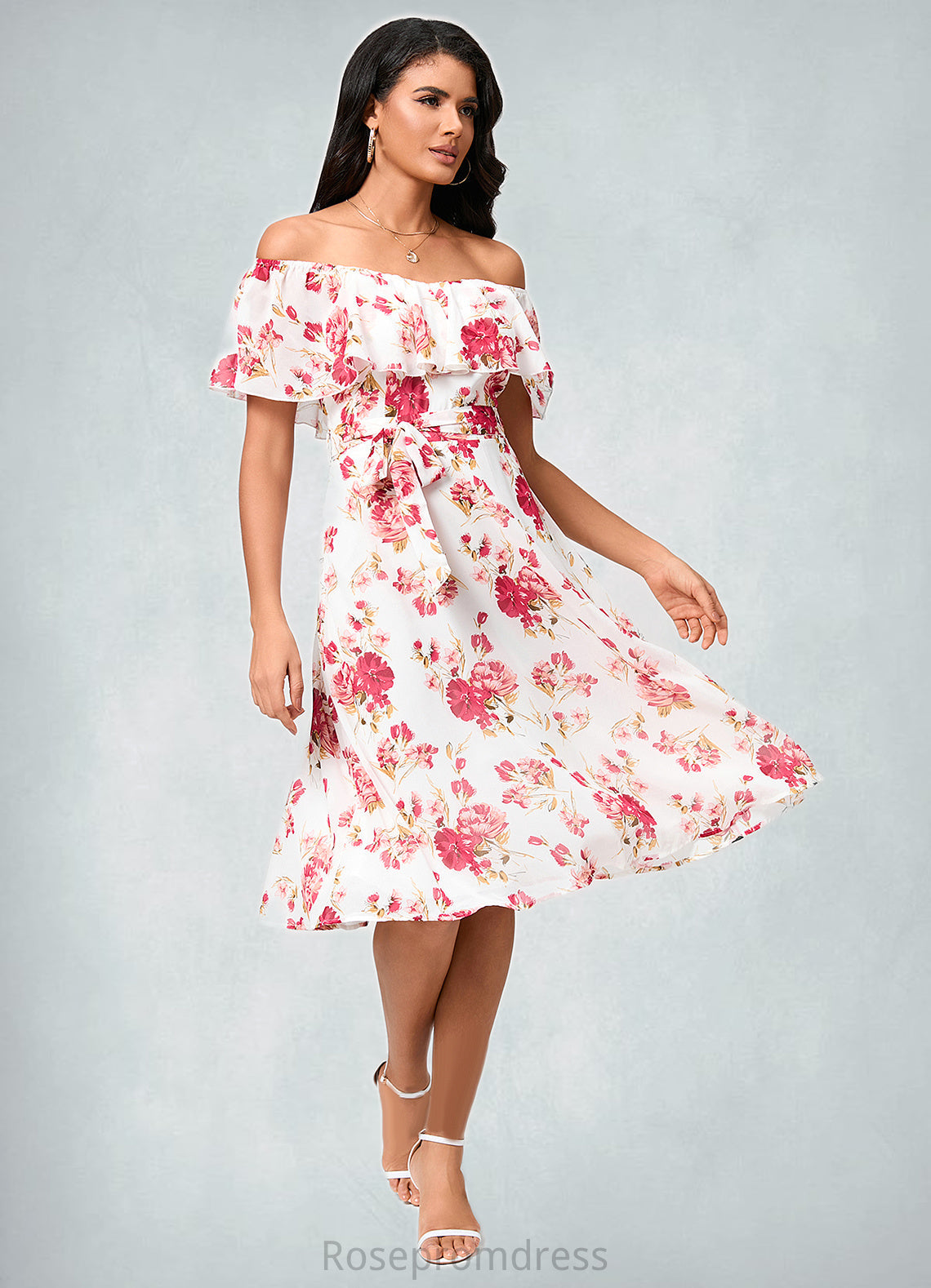 Kaitlyn A-line Off the Shoulder Knee-Length Chiffon Cocktail Dress With Bow SRSP0022337