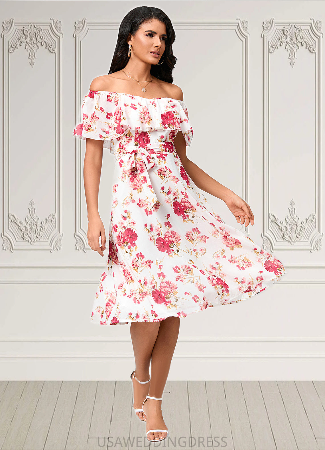 Lucia A-line Off the Shoulder Knee-Length Chiffon Cocktail Dress With Bow DSP0022337