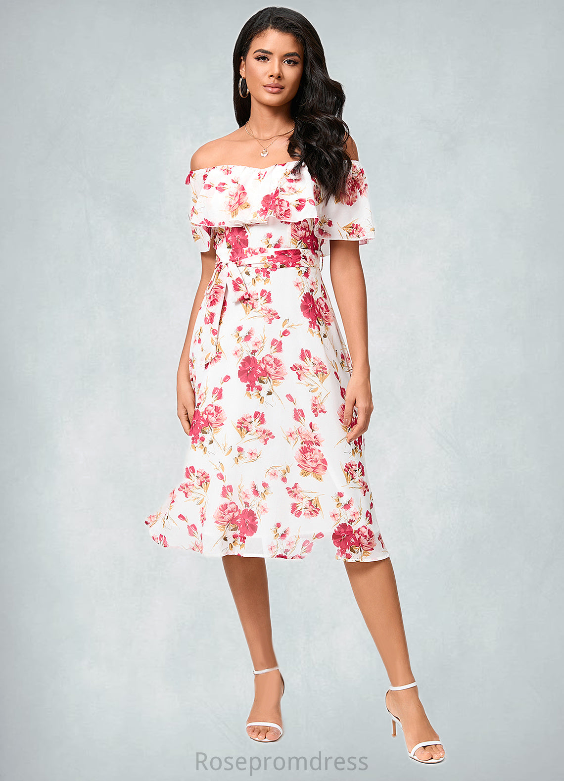 Kaitlyn A-line Off the Shoulder Knee-Length Chiffon Cocktail Dress With Bow SRSP0022337