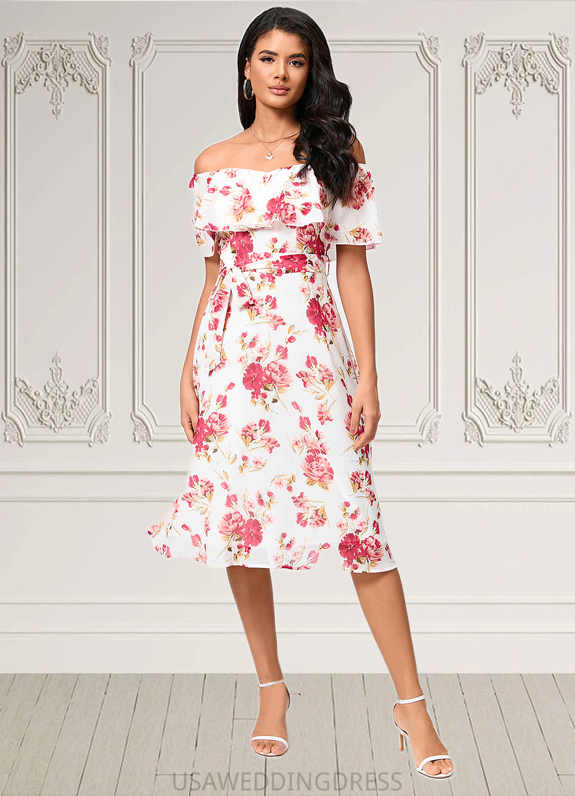 Lucia A-line Off the Shoulder Knee-Length Chiffon Cocktail Dress With Bow DSP0022337