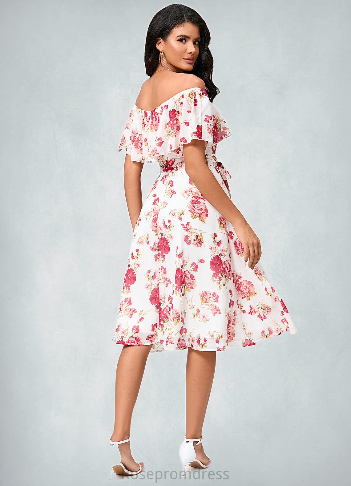 Kaitlyn A-line Off the Shoulder Knee-Length Chiffon Cocktail Dress With Bow SRSP0022337
