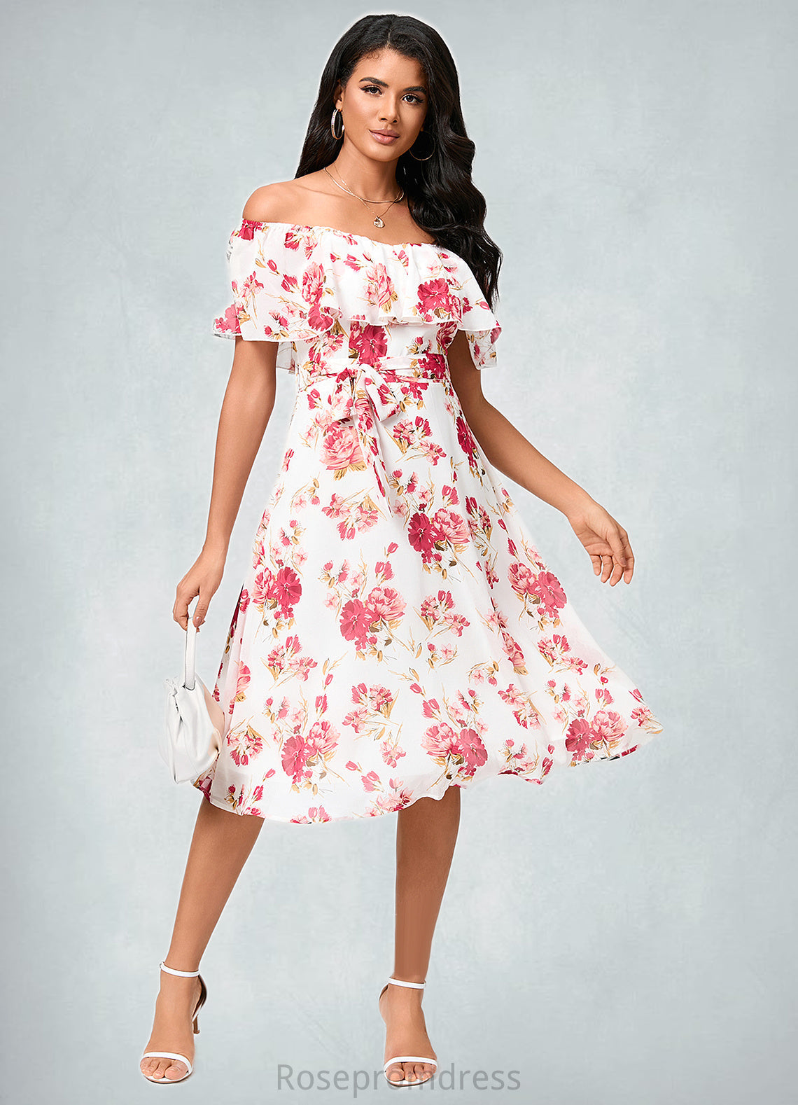 Kaitlyn A-line Off the Shoulder Knee-Length Chiffon Cocktail Dress With Bow SRSP0022337