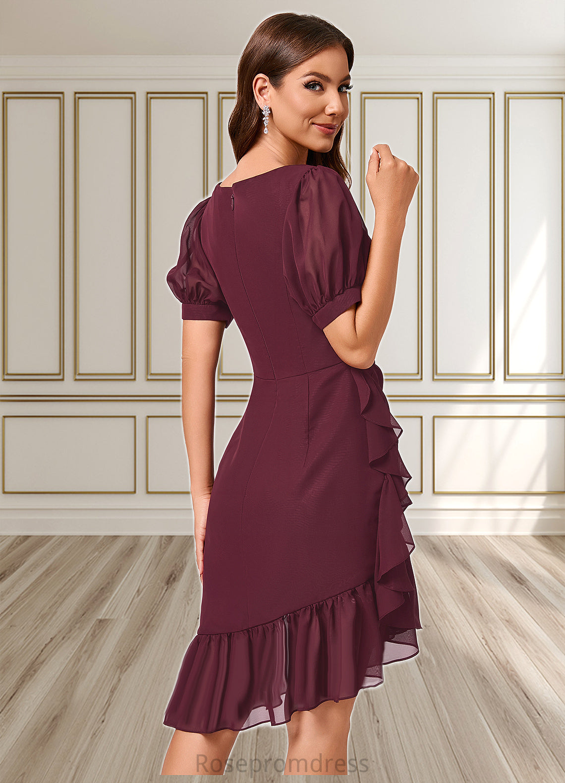 Marlene Sheath/Column V-Neck Asymmetrical Chiffon Cocktail Dress With Cascading Ruffles Ruffle SRSP0022339