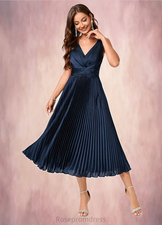 Jaqueline A-line V-Neck Tea-Length Silky Satin Cocktail Dress With Pleated Ruffle SRSP0022341