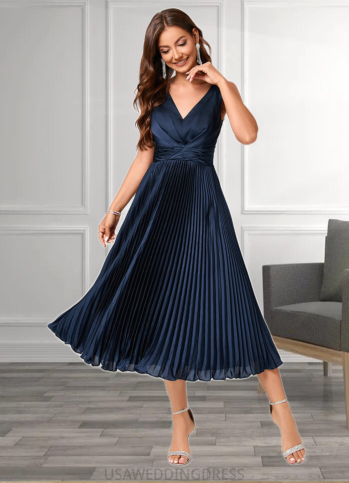 Brooklyn A-line V-Neck Tea-Length Silky Satin Cocktail Dress With Pleated Ruffle DSP0022341