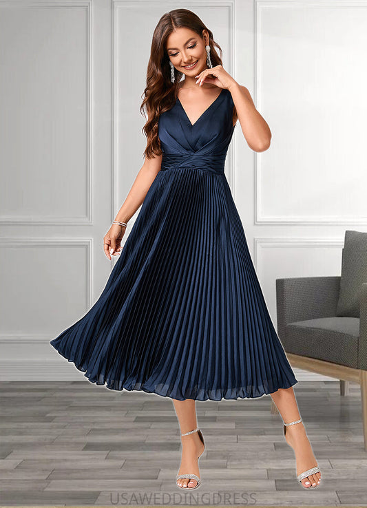 Brooklyn A-line V-Neck Tea-Length Silky Satin Cocktail Dress With Pleated Ruffle DSP0022341