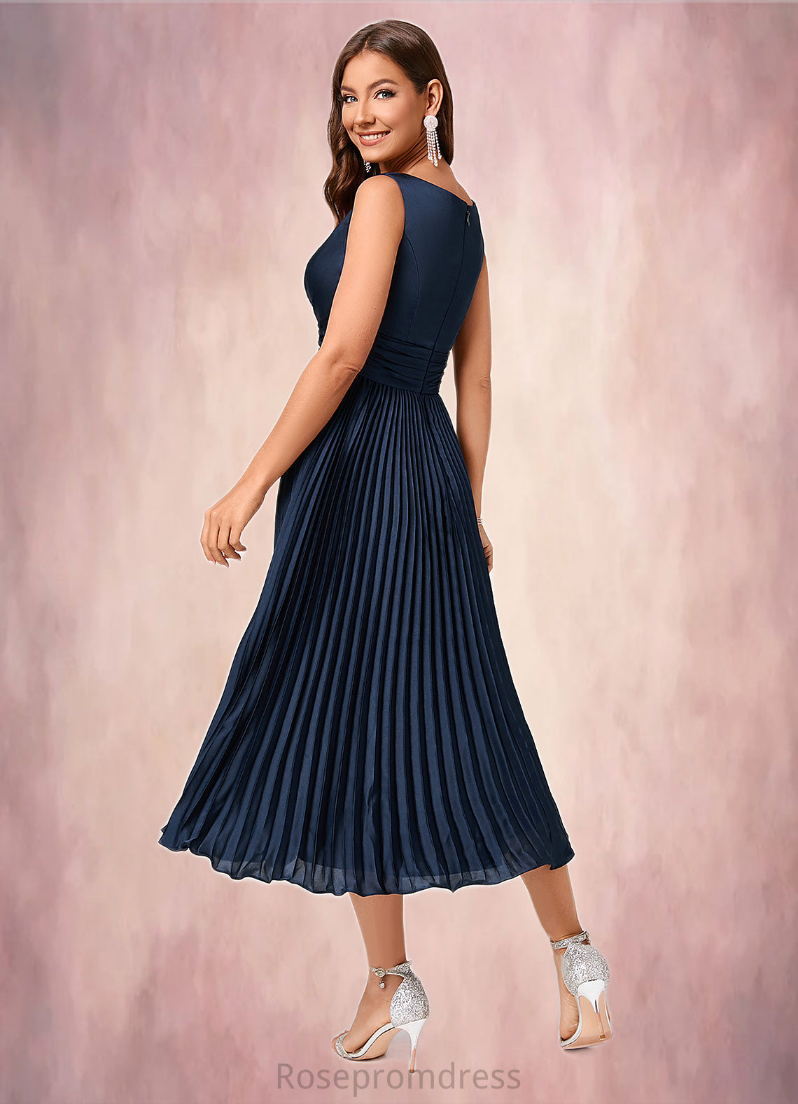 Jaqueline A-line V-Neck Tea-Length Silky Satin Cocktail Dress With Pleated Ruffle SRSP0022341