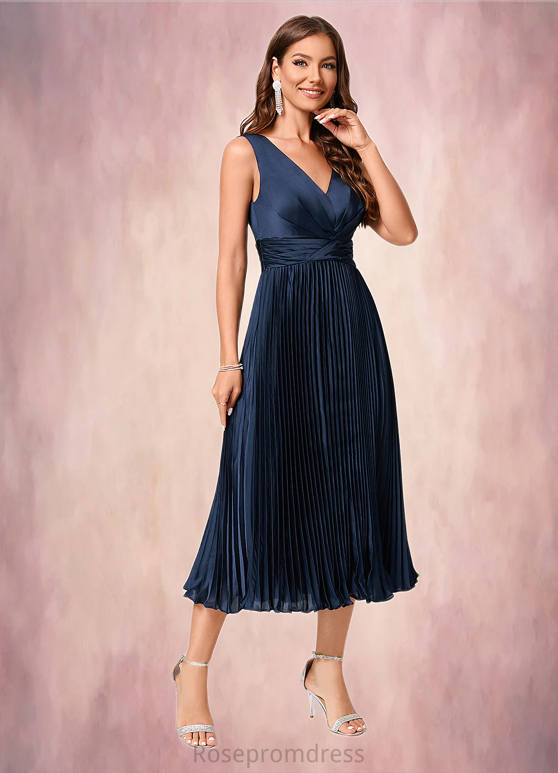Jaqueline A-line V-Neck Tea-Length Silky Satin Cocktail Dress With Pleated Ruffle SRSP0022341