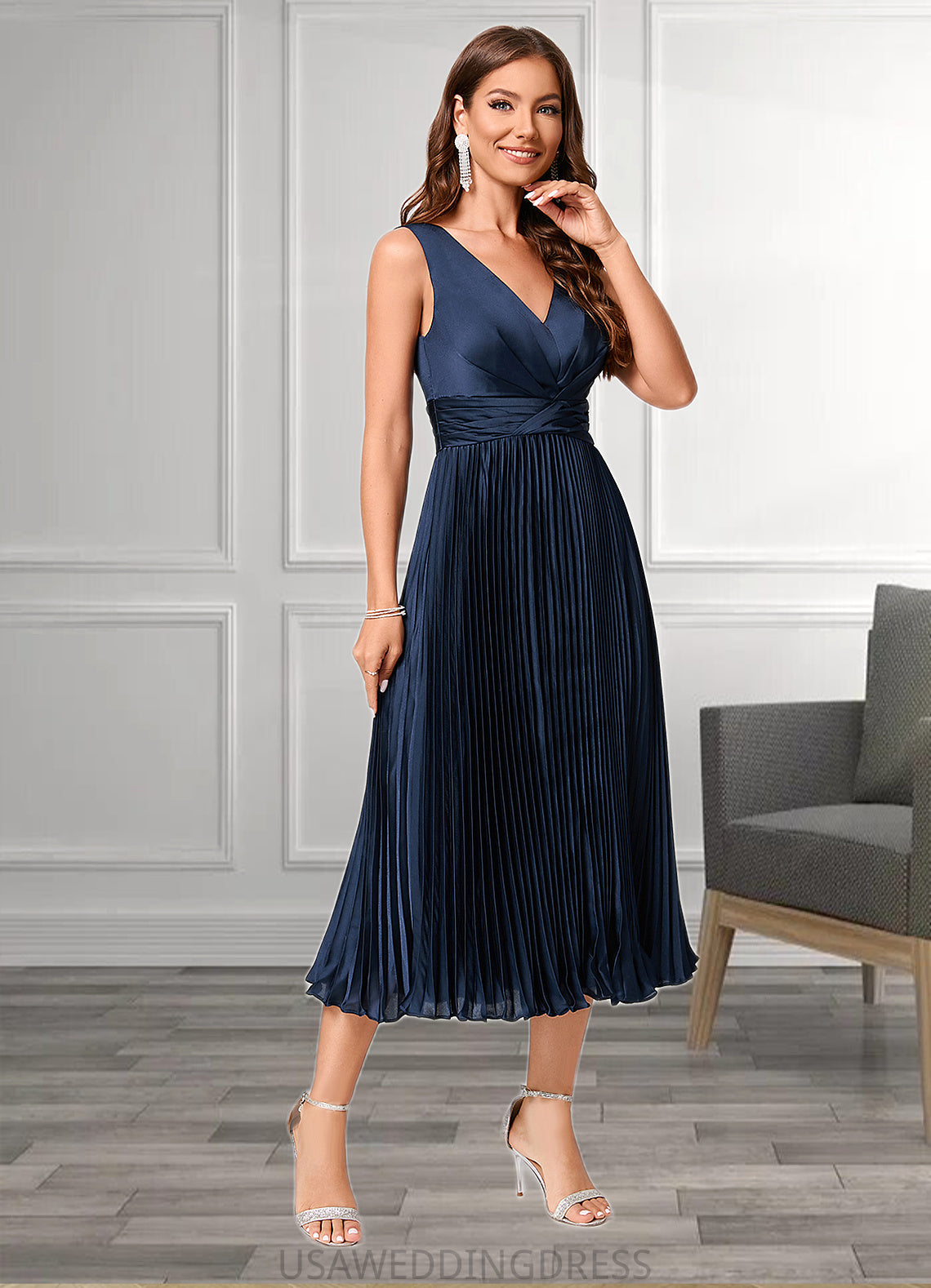 Brooklyn A-line V-Neck Tea-Length Silky Satin Cocktail Dress With Pleated Ruffle DSP0022341