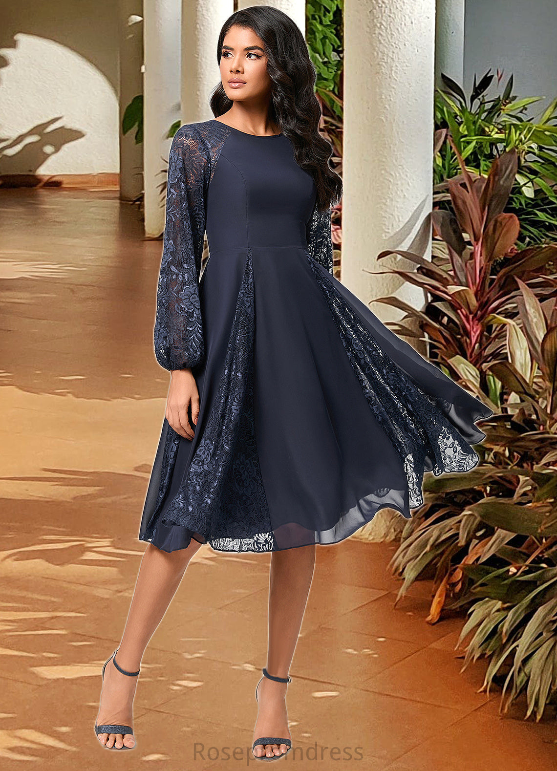 Sarai A-line Scoop Knee-Length Chiffon Lace Cocktail Dress SRSP0022347