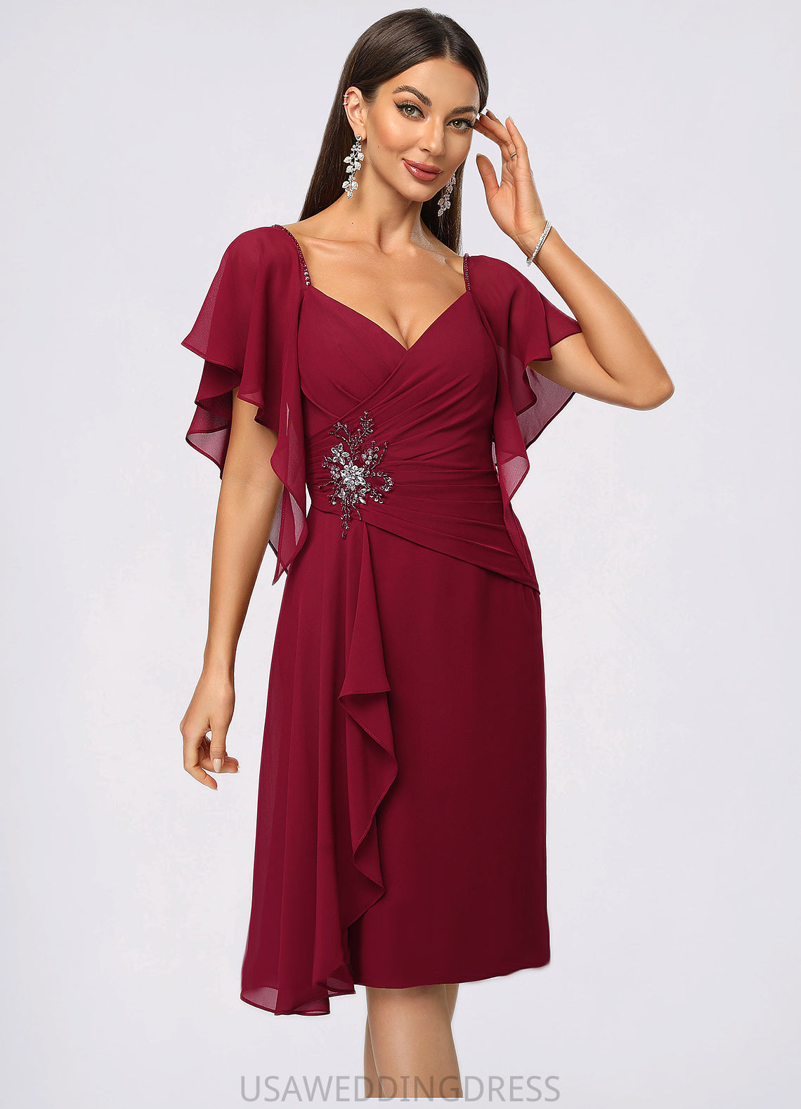 Cassandra Sheath/Column V-Neck Knee-Length Chiffon Cocktail Dress With Beading Cascading Ruffles DSP0022350