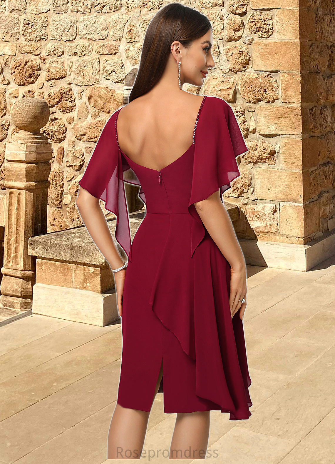 Kierra Sheath/Column V-Neck Knee-Length Chiffon Cocktail Dress With Beading Cascading Ruffles SRSP0022350