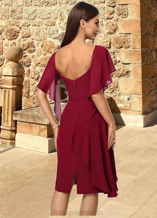 Kierra Sheath/Column V-Neck Knee-Length Chiffon Cocktail Dress With Beading Cascading Ruffles SRSP0022350