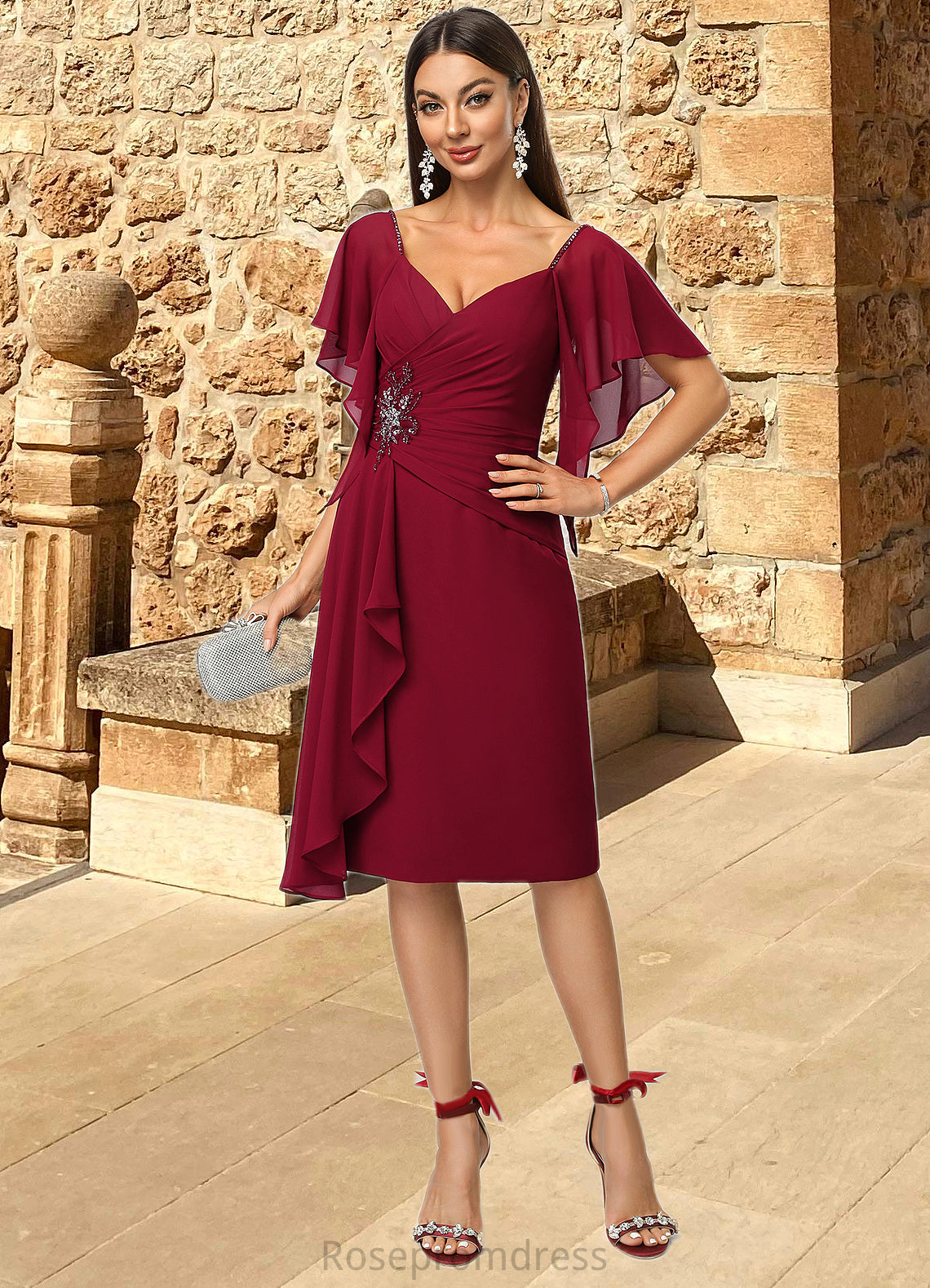 Kierra Sheath/Column V-Neck Knee-Length Chiffon Cocktail Dress With Beading Cascading Ruffles SRSP0022350