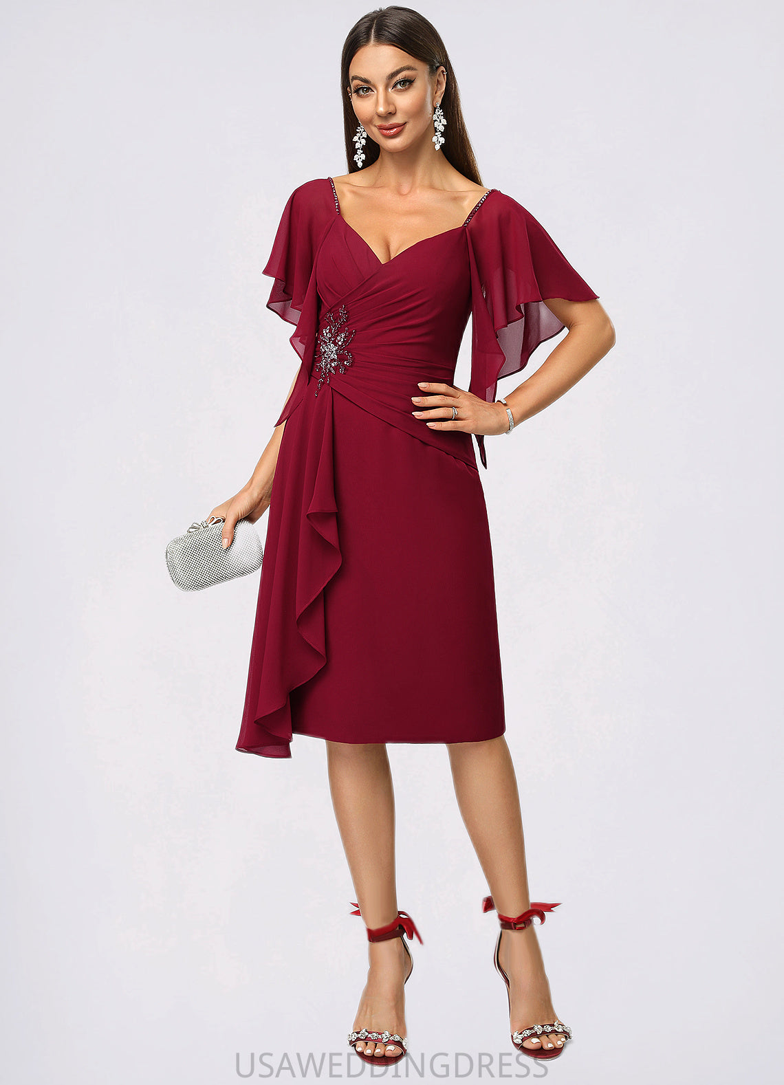 Cassandra Sheath/Column V-Neck Knee-Length Chiffon Cocktail Dress With Beading Cascading Ruffles DSP0022350