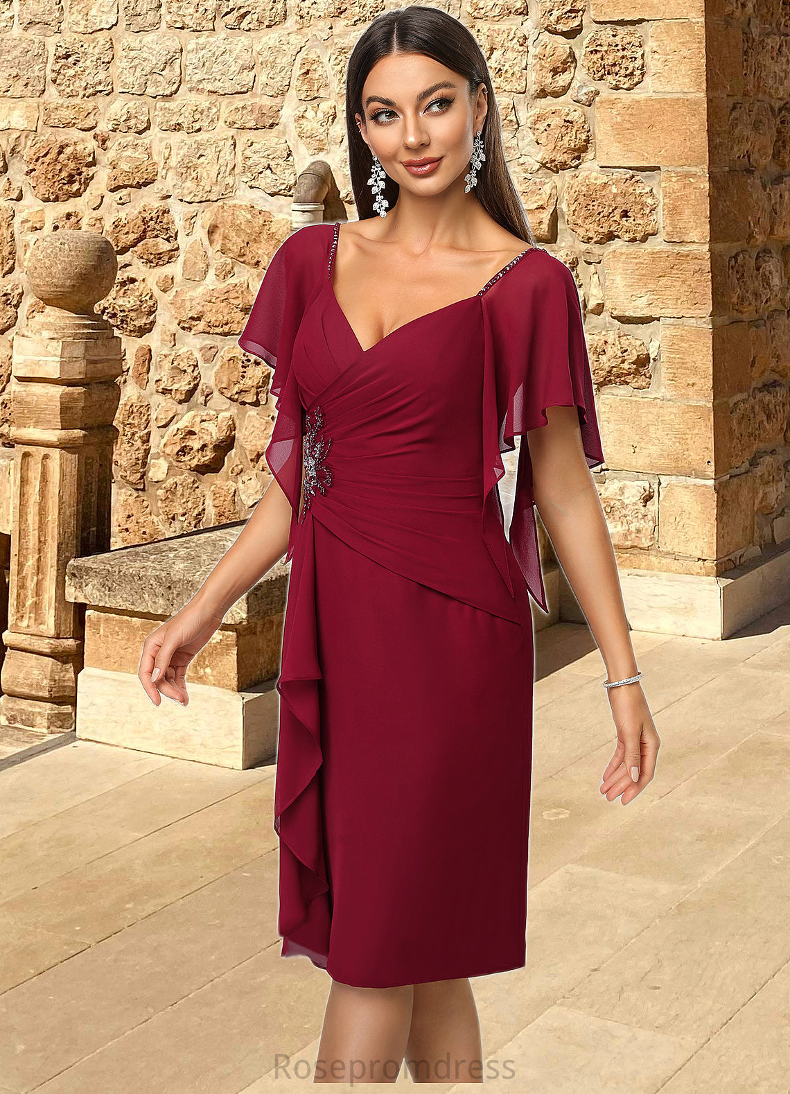 Kierra Sheath/Column V-Neck Knee-Length Chiffon Cocktail Dress With Beading Cascading Ruffles SRSP0022350