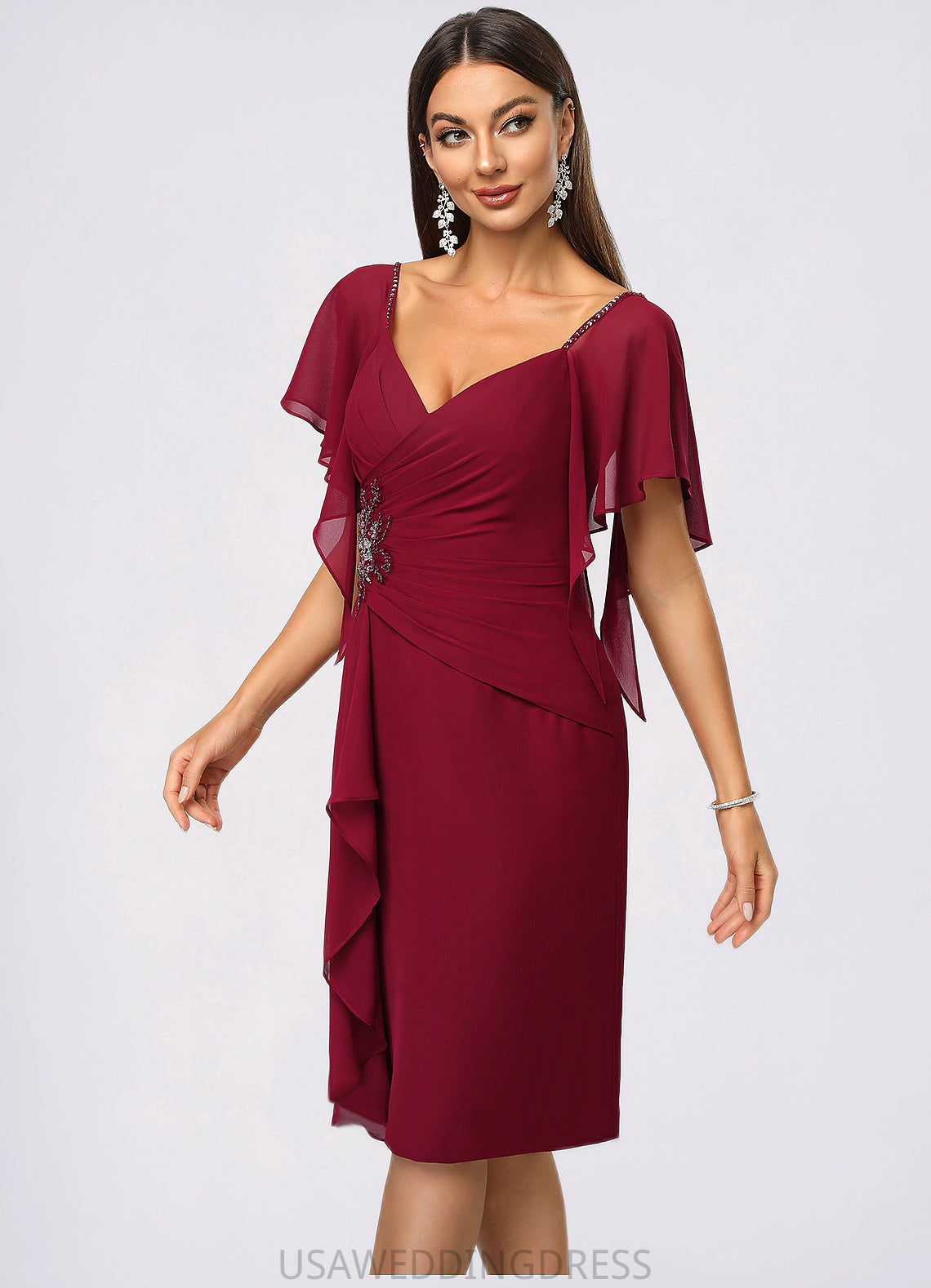 Cassandra Sheath/Column V-Neck Knee-Length Chiffon Cocktail Dress With Beading Cascading Ruffles DSP0022350