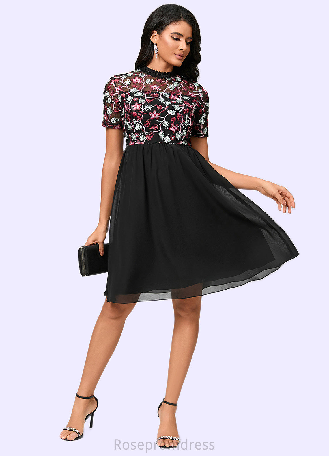 Madilyn A-line High Neck Knee-Length Chiffon Lace Cocktail Dress SRSP0022352