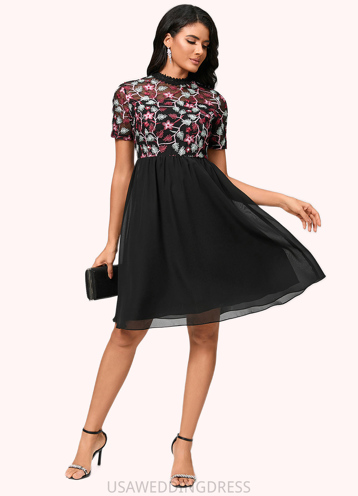 Nadia A-line High Neck Knee-Length Chiffon Lace Cocktail Dress DSP0022352