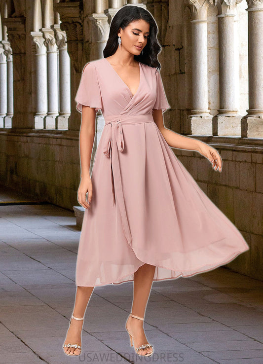 Hedda A-line V-Neck Asymmetrical Chiffon Cocktail Dress With Bow Pleated DSP0022368