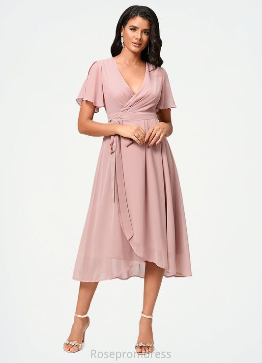 Scarlett A-line V-Neck Asymmetrical Chiffon Cocktail Dress With Bow Pleated SRSP0022368