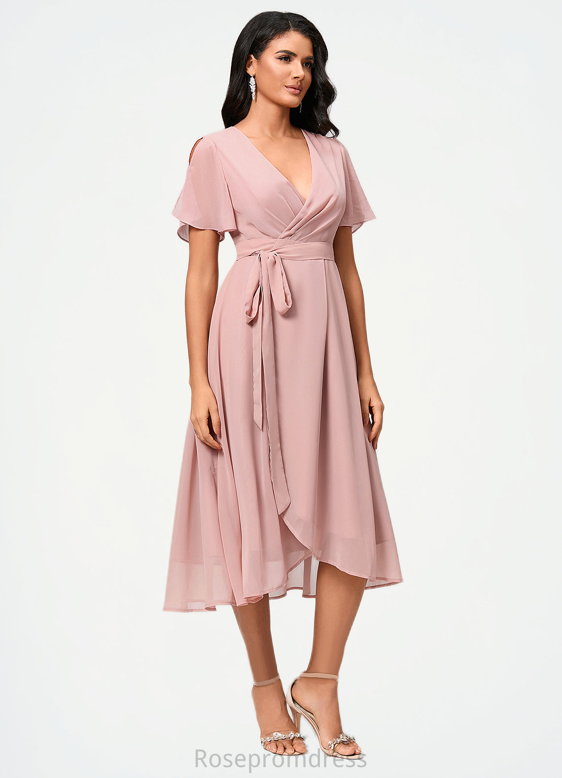 Scarlett A-line V-Neck Asymmetrical Chiffon Cocktail Dress With Bow Pleated SRSP0022368