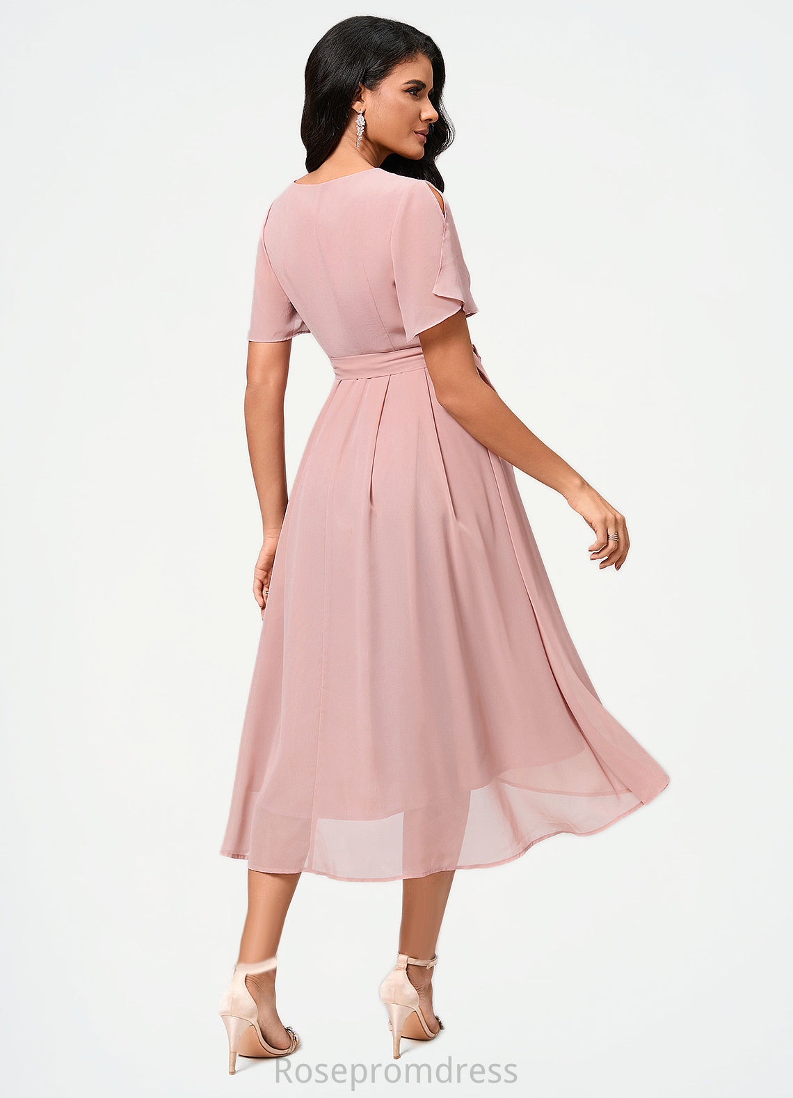 Scarlett A-line V-Neck Asymmetrical Chiffon Cocktail Dress With Bow Pleated SRSP0022368