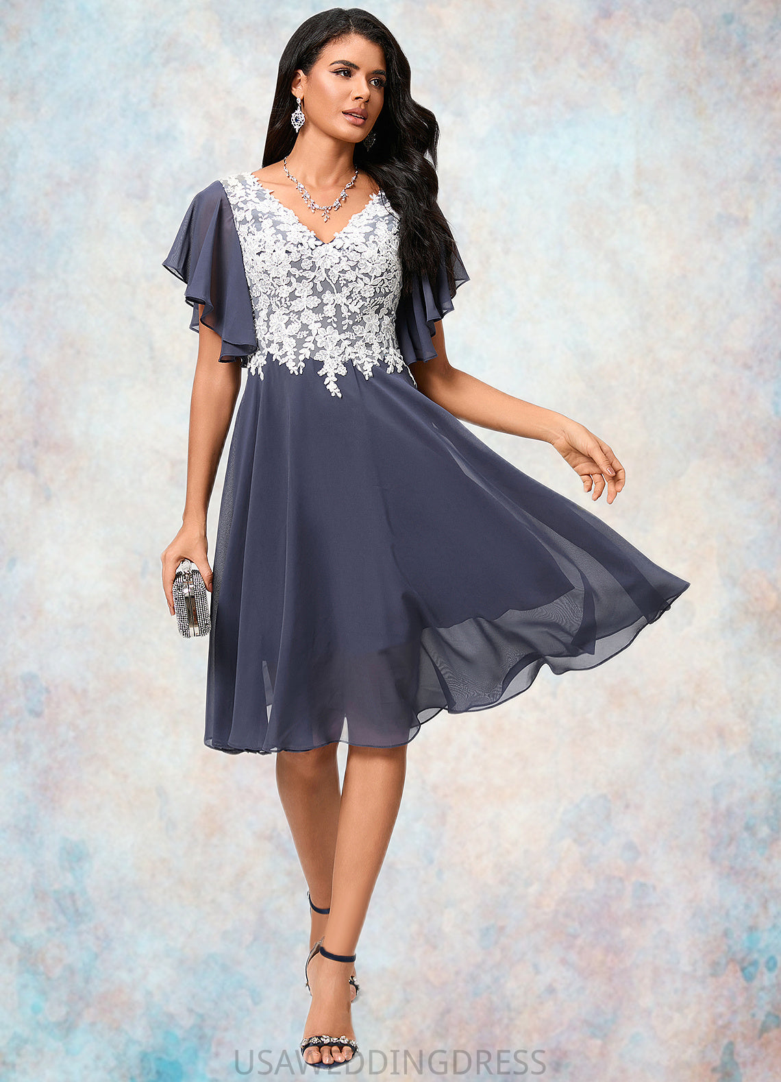 Selena A-line V-Neck Knee-Length Chiffon Lace Cocktail Dress DSP0022376