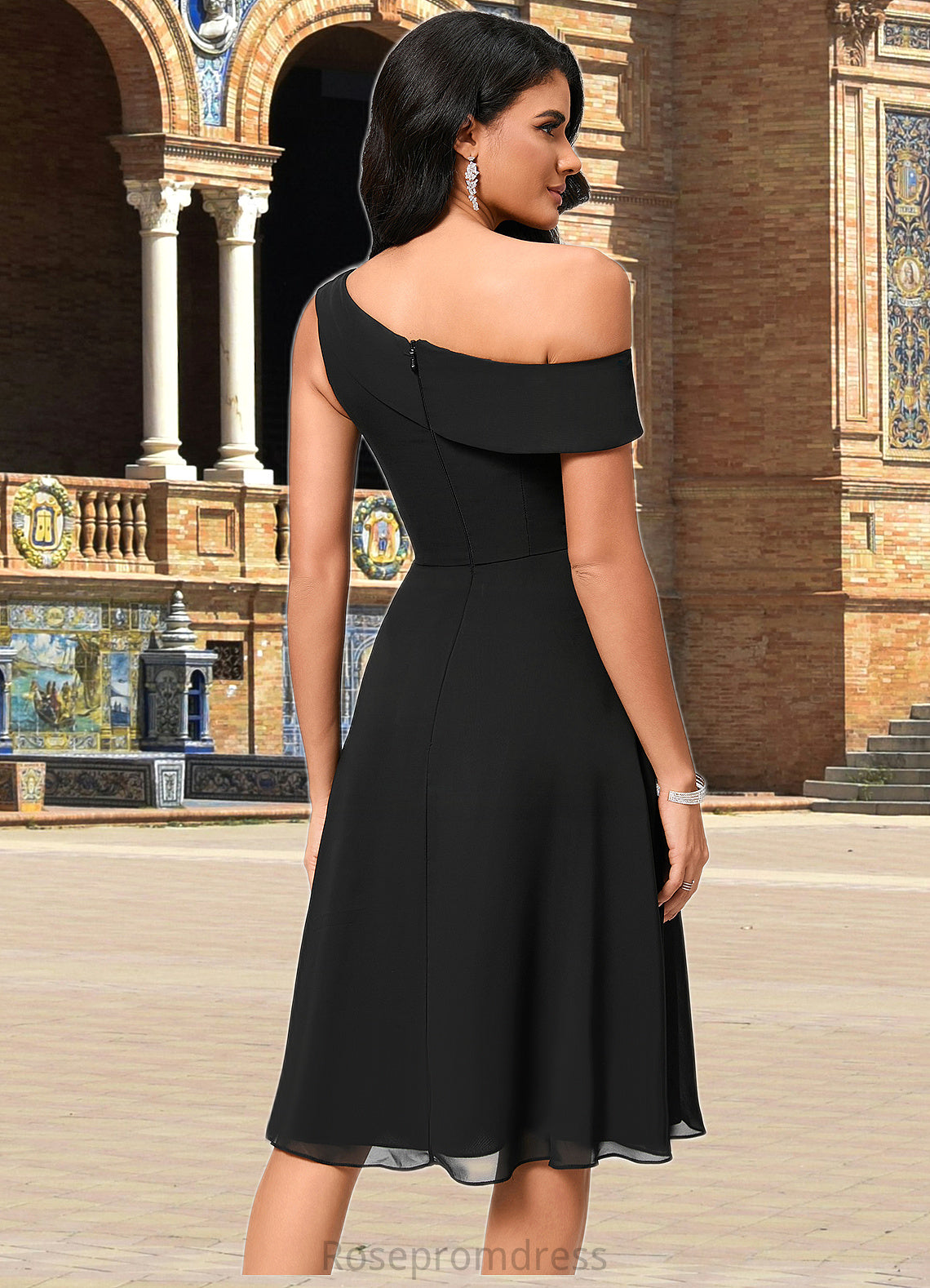 Ayana A-line One Shoulder Tea-Length Chiffon Cocktail Dress With Ruffle SRSP0022378