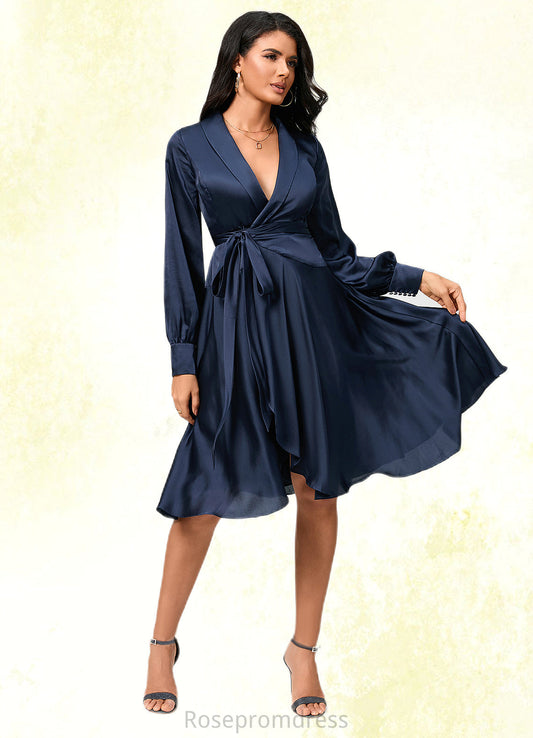 Alexandra A-line V-Neck Asymmetrical Silky Satin Cocktail Dress With Bow SRSP0022385