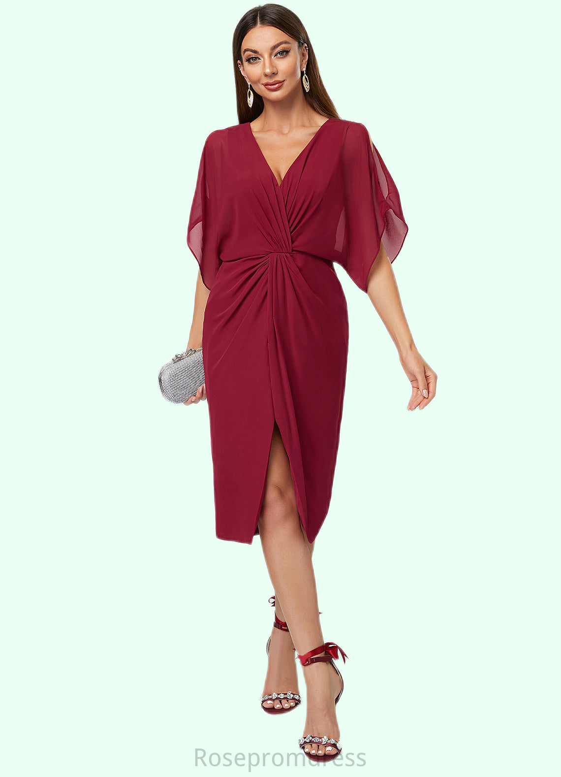 Dalia Sheath/Column V-Neck Knee-Length Chiffon Cocktail Dress With Pleated SRSP0022386