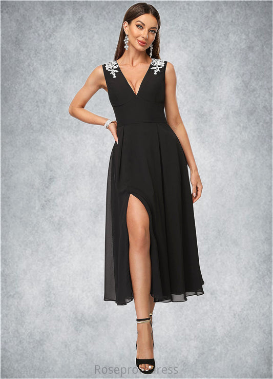 Adrienne A-line V-Neck Tea-Length Chiffon Lace Cocktail Dress With Appliques Lace SRSP0022387