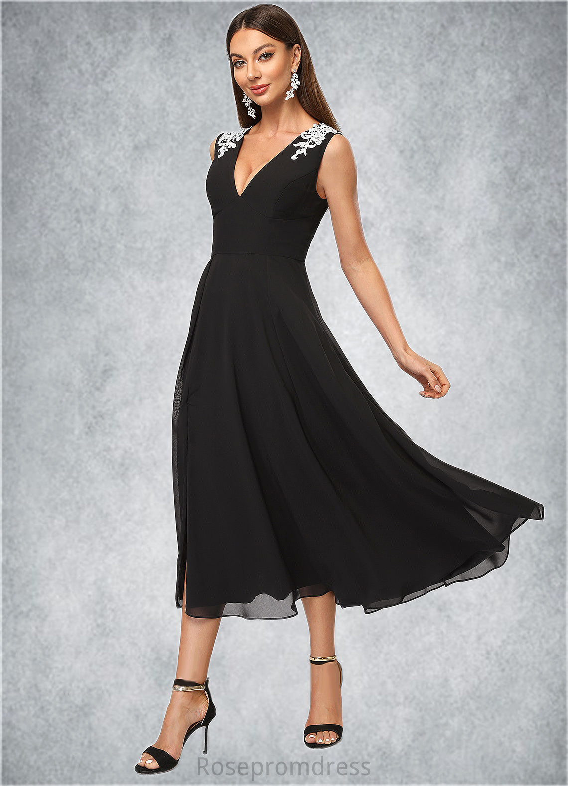 Adrienne A-line V-Neck Tea-Length Chiffon Lace Cocktail Dress With Appliques Lace SRSP0022387