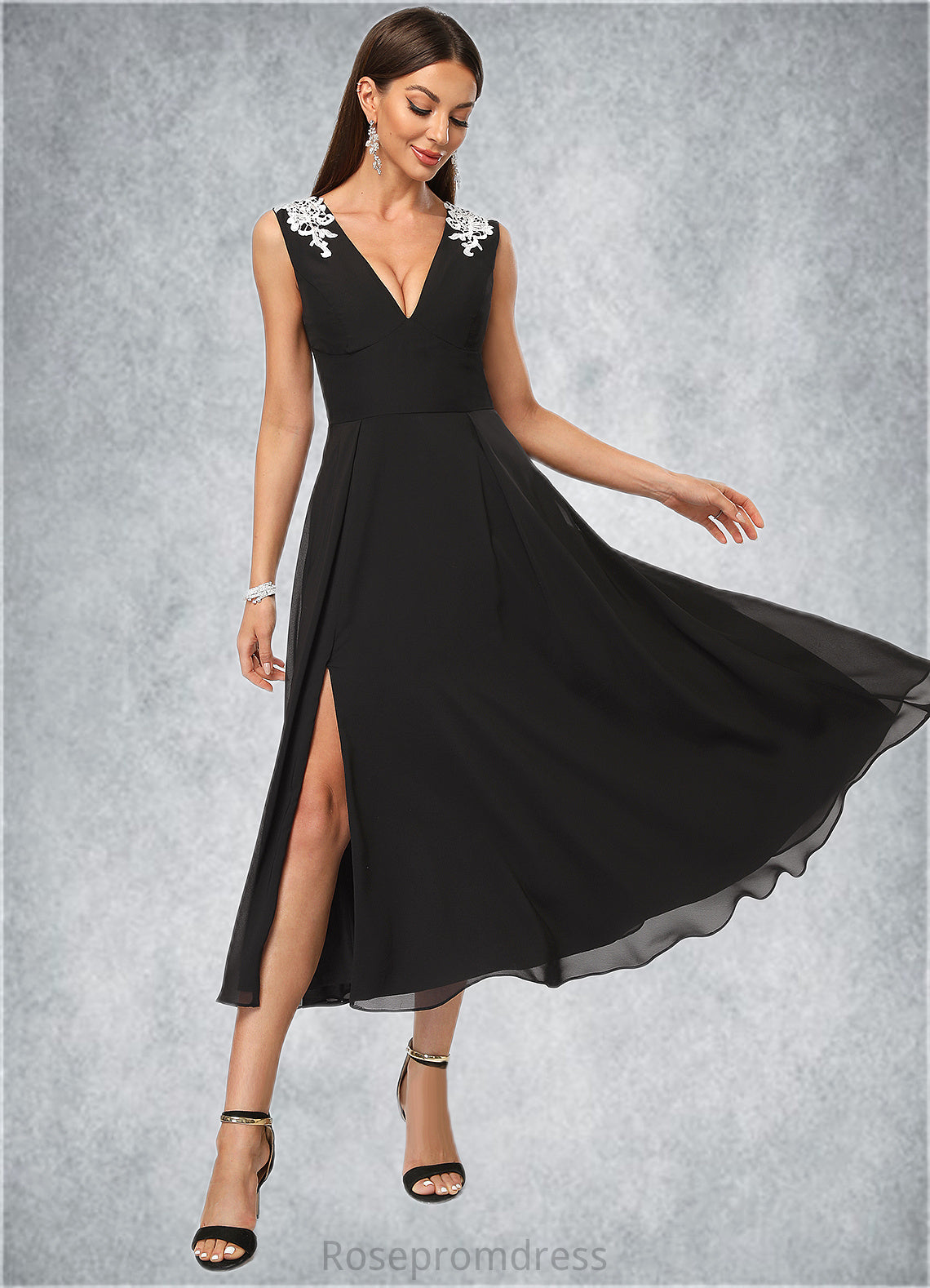 Adrienne A-line V-Neck Tea-Length Chiffon Lace Cocktail Dress With Appliques Lace SRSP0022387
