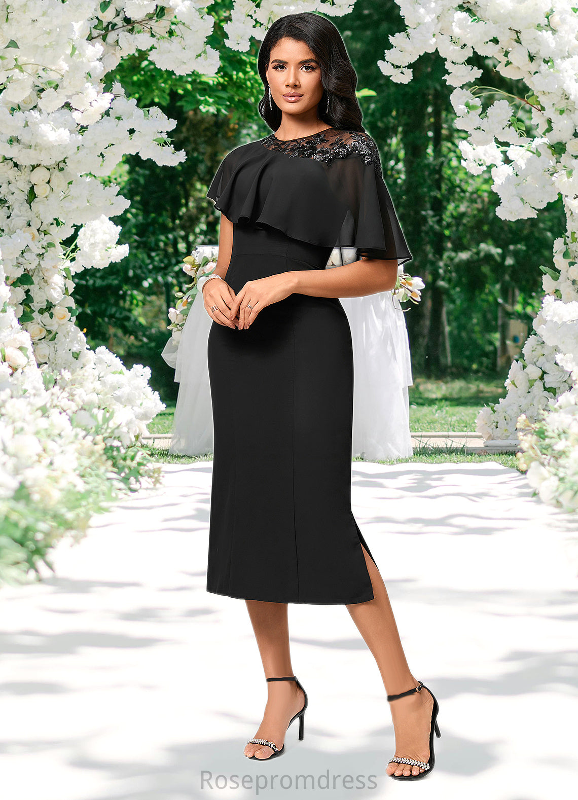 Stacy Sheath/Column Scoop Tea-Length Chiffon Cocktail Dress With Appliques Lace SRSP0022388