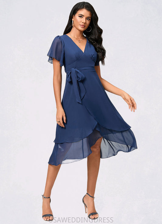 Rose A-line V-Neck Asymmetrical Chiffon Cocktail Dress With Ruffle DSP0022398