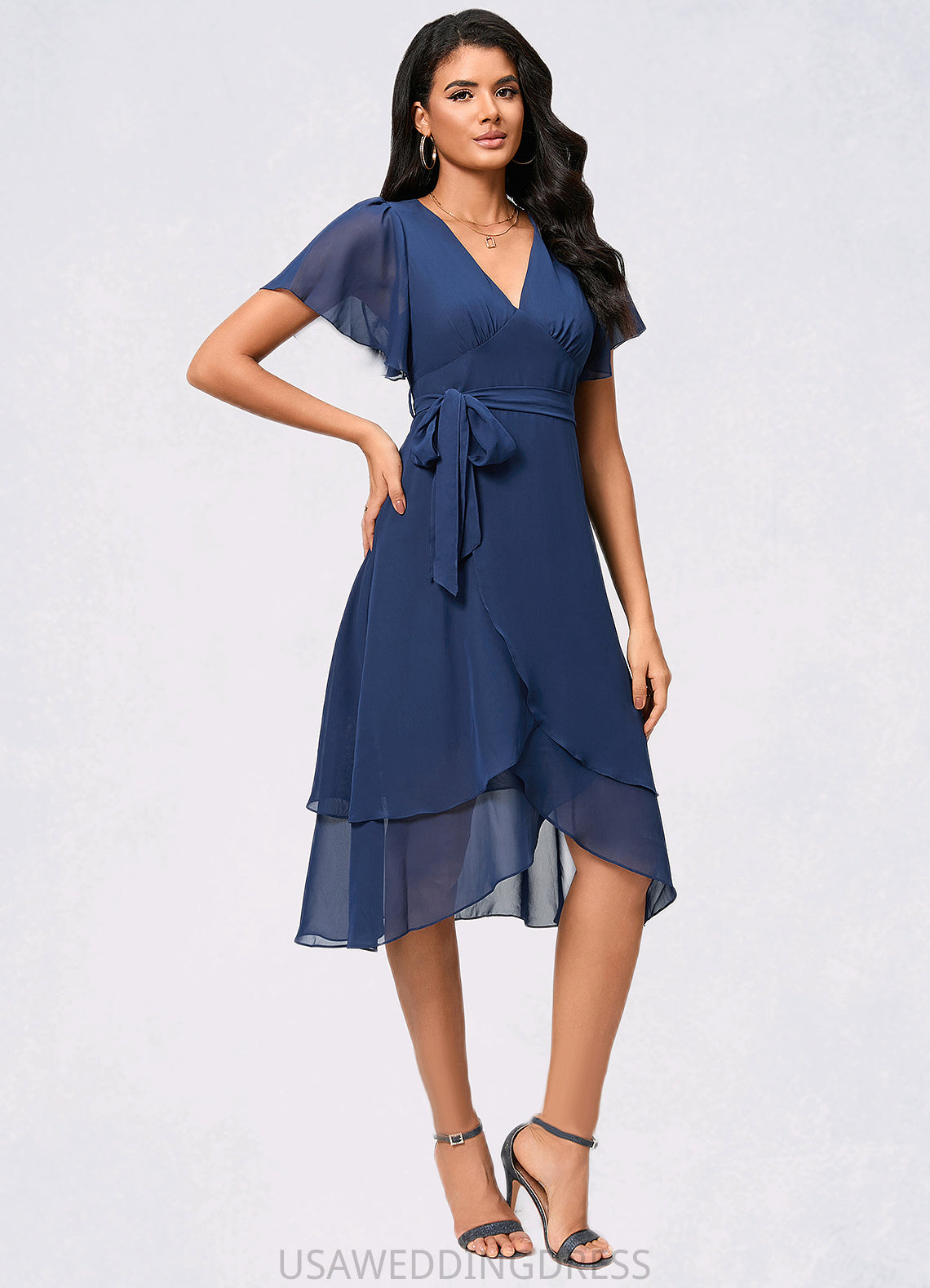 Rose A-line V-Neck Asymmetrical Chiffon Cocktail Dress With Ruffle DSP0022398
