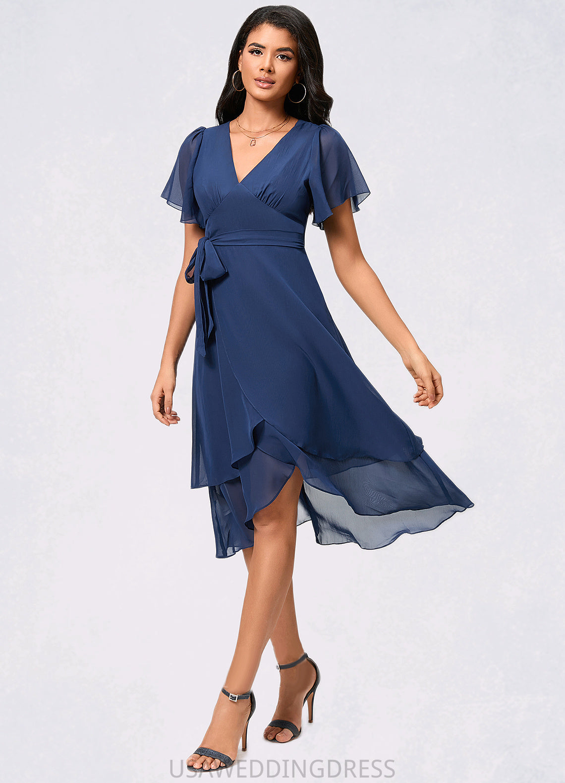 Rose A-line V-Neck Asymmetrical Chiffon Cocktail Dress With Ruffle DSP0022398