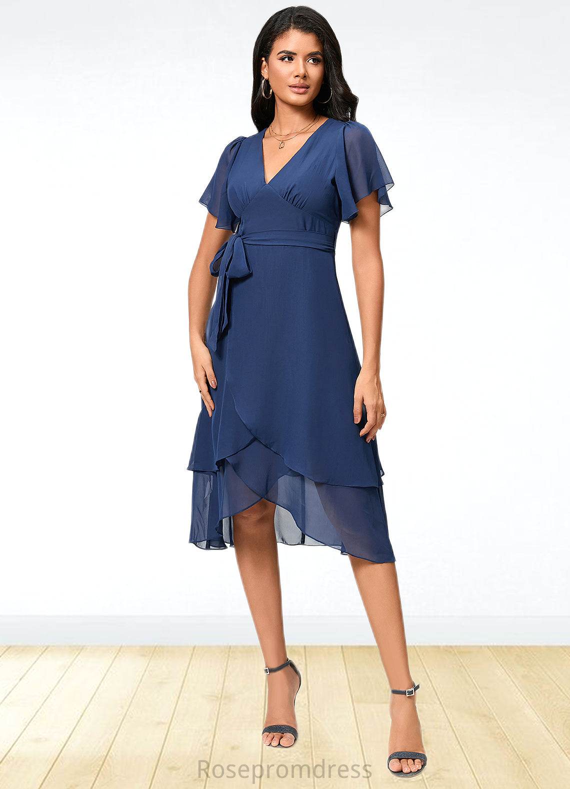 Kelly A-line V-Neck Asymmetrical Chiffon Cocktail Dress With Ruffle SRSP0022398