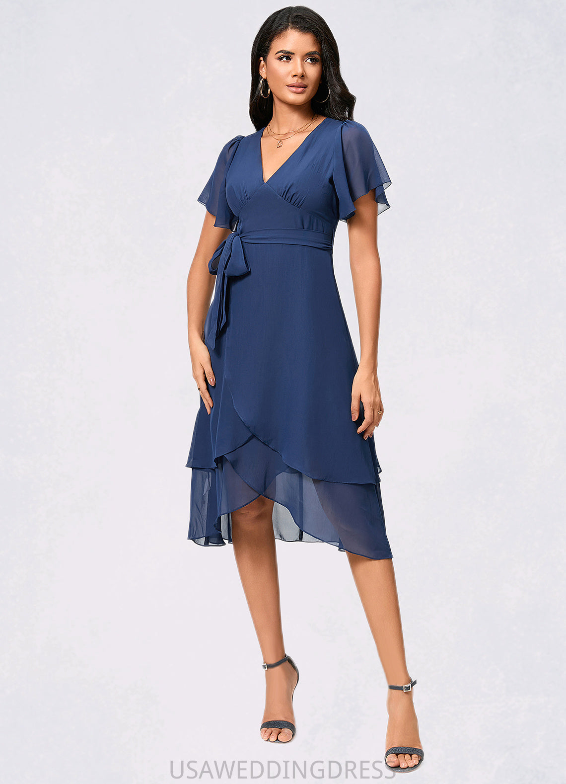 Rose A-line V-Neck Asymmetrical Chiffon Cocktail Dress With Ruffle DSP0022398