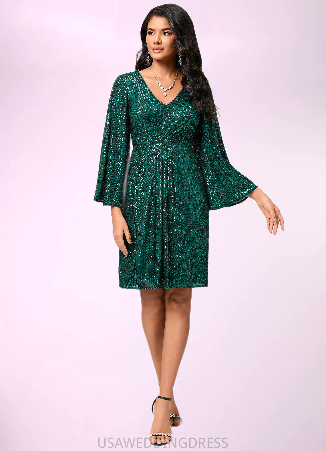 Phoenix Sheath/Column V-Neck Knee-Length Sequin Cocktail Dress With Ruffle DSP0022400