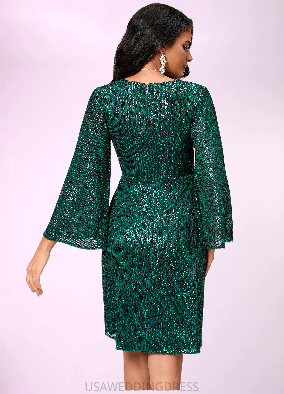 Phoenix Sheath/Column V-Neck Knee-Length Sequin Cocktail Dress With Ruffle DSP0022400