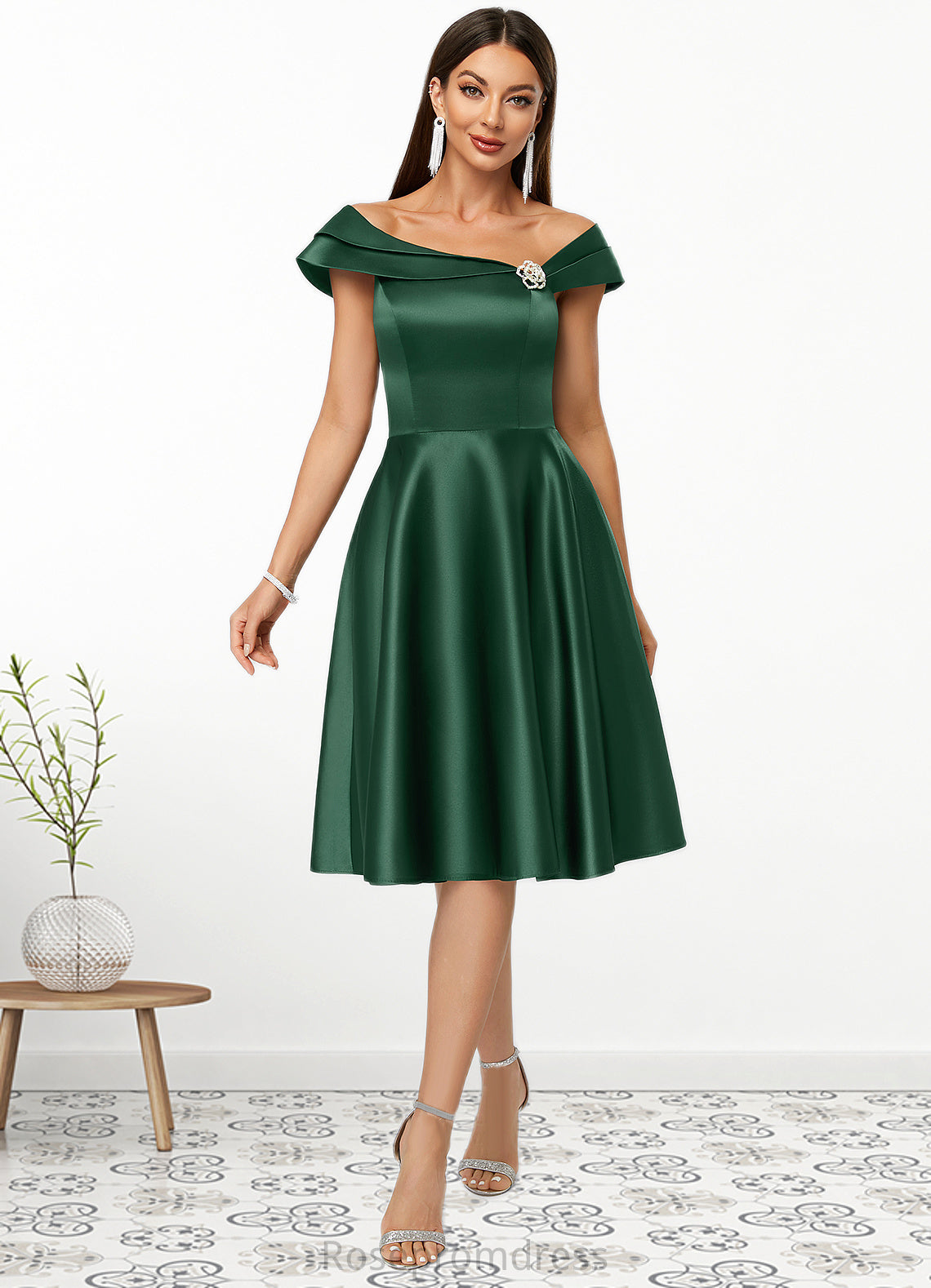 Lilly A-line Asymmetrical Knee-Length Satin Cocktail Dress With Rhinestone Crystal Brooch SRSP0022407