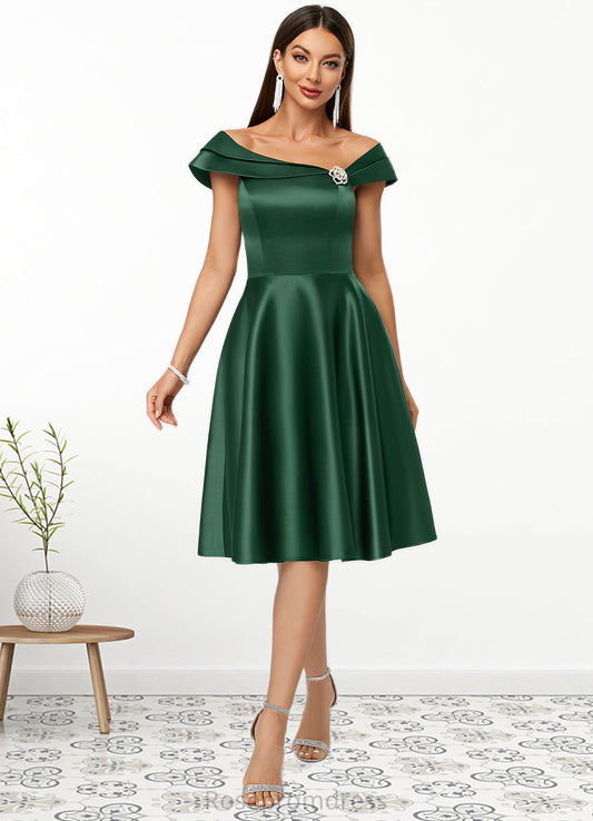 Lilly A-line Asymmetrical Knee-Length Satin Cocktail Dress With Rhinestone Crystal Brooch SRSP0022407