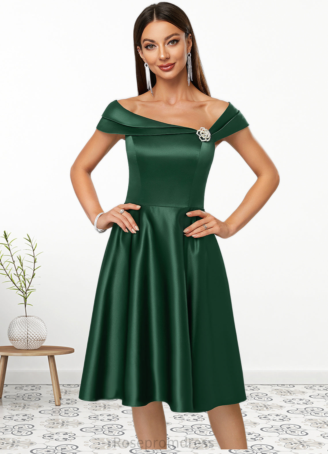 Lilly A-line Asymmetrical Knee-Length Satin Cocktail Dress With Rhinestone Crystal Brooch SRSP0022407