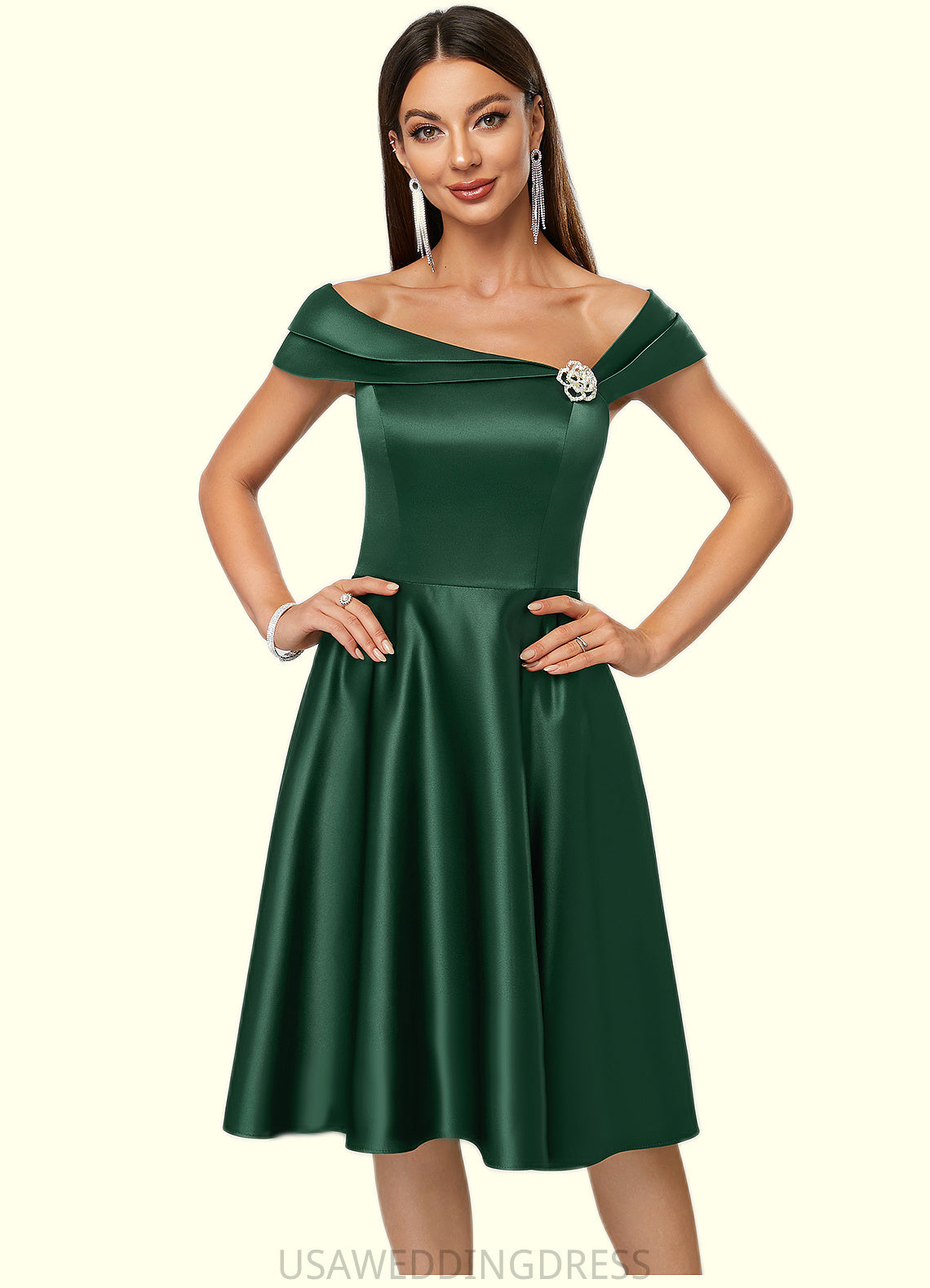 Marina A-line Asymmetrical Knee-Length Satin Cocktail Dress With Rhinestone Crystal Brooch DSP0022407